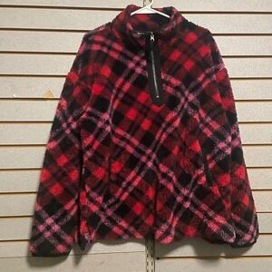 Maurices Plaid Fleece Quarter Zip Pullover Women's Size L Red Black Pink EUC
